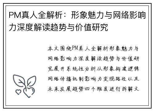 PM真人全解析：形象魅力与网络影响力深度解读趋势与价值研究