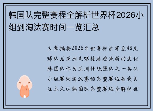 韩国队完整赛程全解析世界杯2026小组到淘汰赛时间一览汇总